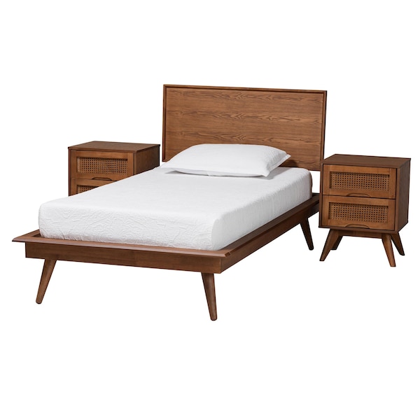 Baxton Studio Melora Mid-Century Modern Walnut Brown Finished Wood and Rattan Twin Size 3-Piece Bedroom Set 241-11178-11179-11298-ZORO - main